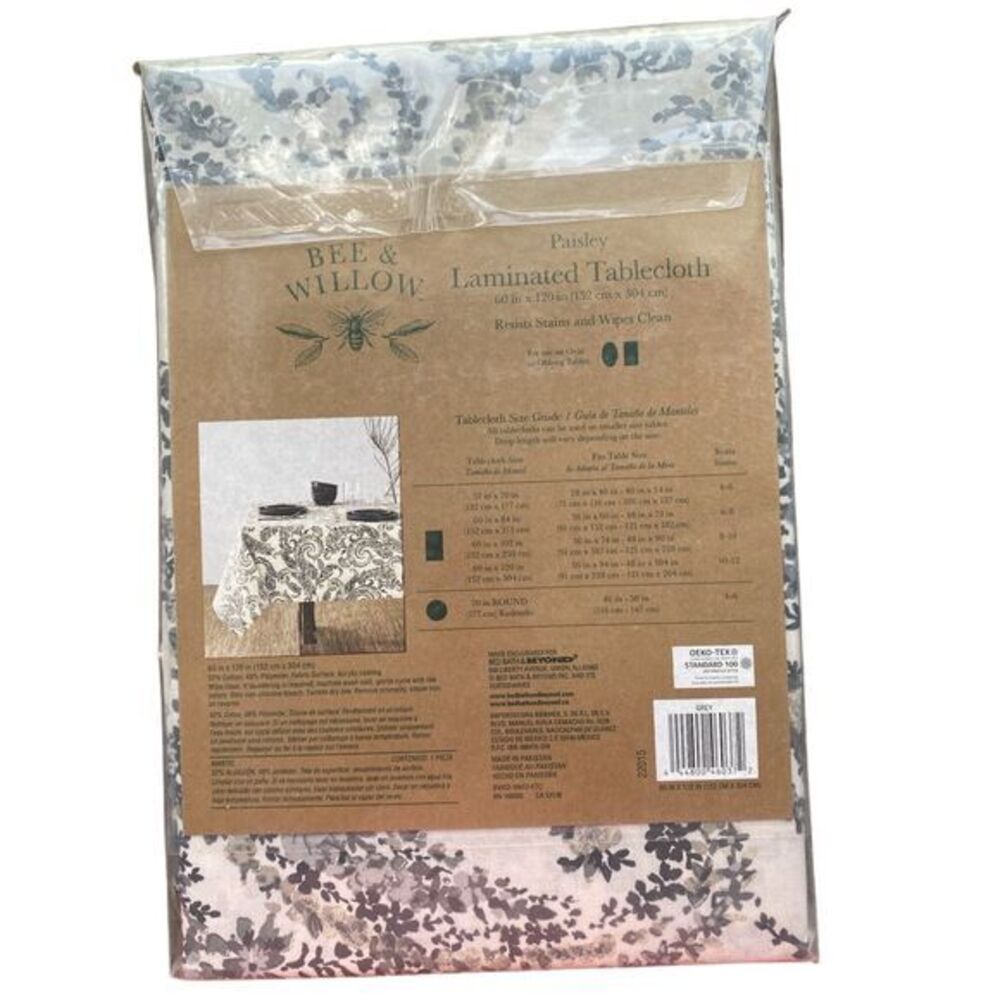Bee & Willow Gray Paisley Laminate Tablecloth 60 X 120 Resists Stains Wipe Clean - Picture 2 of 2